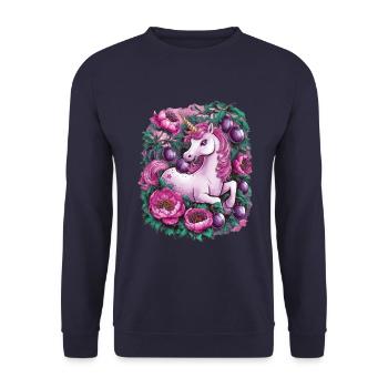 Licorne Kawaii avec des prunes et des fleurs - Sweat-shirt Unisexe - marine - Devant - Alina (178cm) & Michal (187cm)