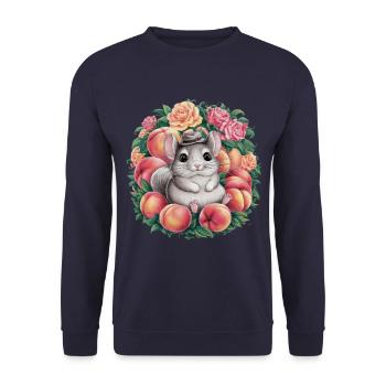 Cartoon Kawaii Chinchilla mit Rosen und Pfirsich - Unisex Pullover - Navy - Vorne - Alina (178cm) & Michal (187cm)