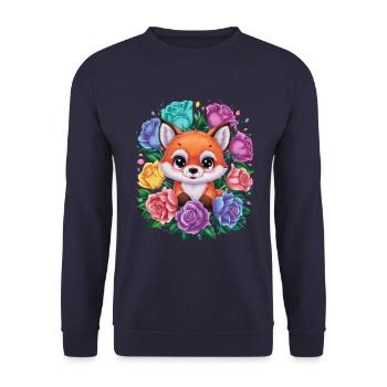 Cartoon kawaii fox with colorful roses. - Unisex Sweatshirt - navy - Front - Alina (178cm) & Michal (187cm)