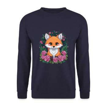 Cartoon Kawaii Fuchs mit farbenfrohen Rosen. - Unisex Pullover - Navy - Vorne - Alina (178cm) & Michal (187cm)