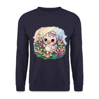 Kawaii Entchen mit farbenfrohen Lillien - Unisex Pullover - Navy - Vorne - Alina (178cm) & Michal (187cm)