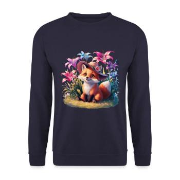 Cartoon kawaii fox with colorful lilies - Unisex Sweatshirt - navy - Front - Alina (178cm) & Michal (187cm)