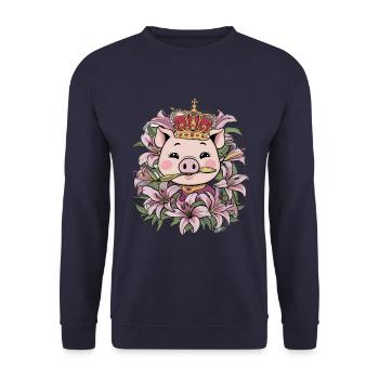Schwein mit Krone und Lillien - Unisex Pullover - Navy - Vorne - Alina (178cm) & Michal (187cm)