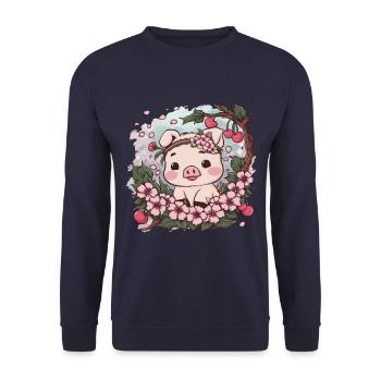 Süßes Kawai Schwein mit Sakura Kirschblüten - Unisex Pullover - Navy - Vorne - Alina (178cm) & Michal (187cm)