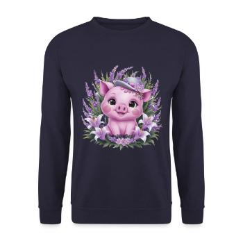 Pig in Kawaii Cartoon Style with Lavender - Unisex Sweatshirt - navy - Front - Alina (178cm) & Michal (187cm)