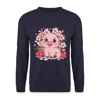 Süßes Kawai Schwein mit Sakura Kirschblüten - Unisex Pullover - Navy - Vorne - Alina (178cm) & Michal (187cm)