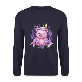 Pig in Kawaii Cartoon Style with Lavender - Unisex Sweatshirt - navy - Front - Alina (178cm) & Michal (187cm)
