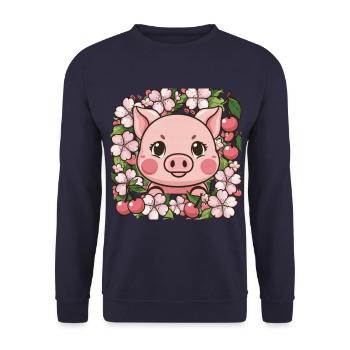 Süßes Kawai Schwein mit Sakura Kirschblüten - Unisex Pullover - Navy - Vorne - Alina (178cm) & Michal (187cm)