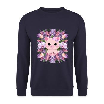 Pig in cartoon kawaii style with orchids - Unisex Sweatshirt - navy - Front - Alina (178cm) & Michal (187cm)