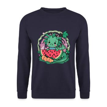 Kawaii Drache mit Pfirsichen und Wassermelone - Unisex Pullover - Navy - Vorne - Alina (178cm) & Michal (187cm)