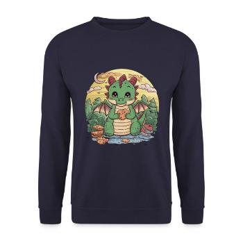 Niedlicher Cartoon Drache mit Schokokeksen. - Unisex Pullover - Navy - Vorne - Alina (178cm) & Michal (187cm)