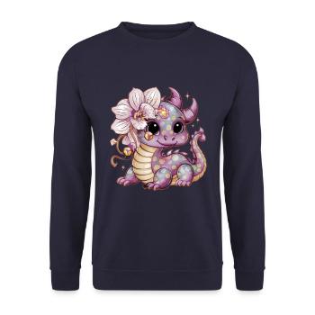 Cartoon Kawaii Drache mit schönen Orchideen - Unisex Pullover - Navy - Vorne - Alina (178cm) & Michal (187cm)