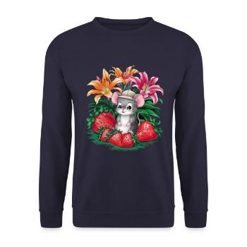 Kawaii Maus mit Erdbeeren & Lillien - Unisex Pullover - Navy - Vorne - Alina (178cm) & Michal (187cm)