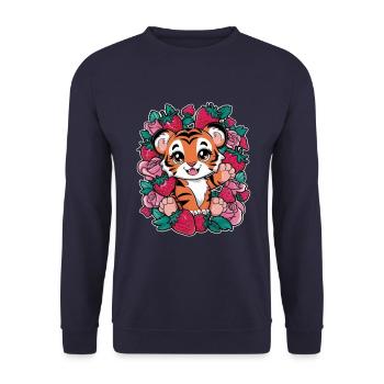Tigre Kawaii avec Fraises et Roses - Sweat-shirt Unisexe - marine - Devant - Alina (178cm) & Michal (187cm)