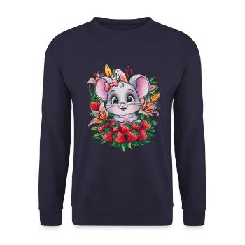Kawaii Maus mit Erdbeeren & Lillien - Unisex Pullover - Navy - Vorne - Alina (178cm) & Michal (187cm)