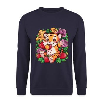 Tigre Kawaii avec Fraises et Roses - Sweat-shirt Unisexe - marine - Devant - Alina (178cm) & Michal (187cm)
