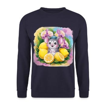 Cartoon Kawaii Maus mit Zitronen und Orchideen. - Unisex Pullover - Navy - Vorne - Alina (178cm) & Michal (187cm)