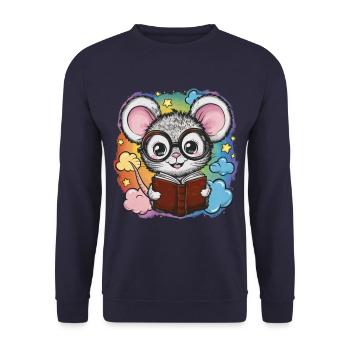 Kawaii Mouse - Mouse with Book and Reading Glasses - Unisex Sweatshirt - navy - Front - Alina (178cm) & Michal (187cm)