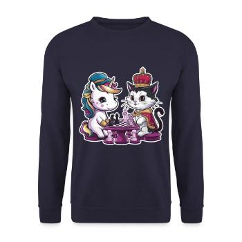 Licorne kawaii jouant aux échecs avec des pièces d’échecs - Sweat-shirt Unisexe - marine - Devant - Alina (178cm) & Michal (187cm)