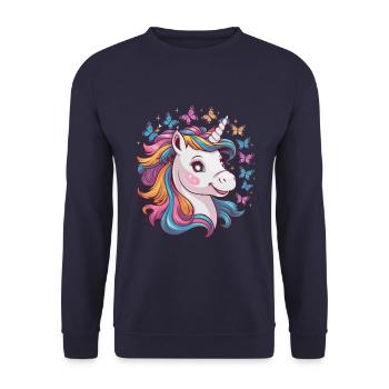 Licorne Kawaii avec des papillons - Sweat-shirt Unisexe - marine - Devant - Alina (178cm) & Michal (187cm)