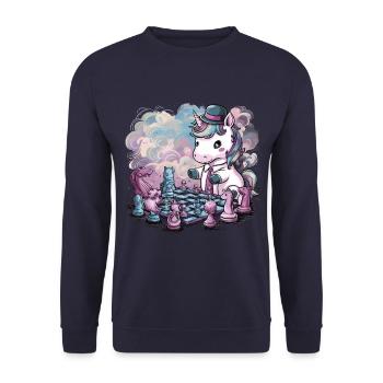 Licorne kawaii jouant aux échecs avec des pièces d’échecs - Sweat-shirt Unisexe - marine - Devant - Alina (178cm) & Michal (187cm)
