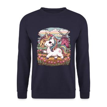 Kawaii unicorn with tulips and windmills - Unisex Sweatshirt - navy - Front - Alina (178cm) & Michal (187cm)
