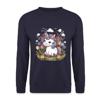 Kawaii unicorn with tulips and windmills - Unisex Sweatshirt - navy - Front - Alina (178cm) & Michal (187cm)