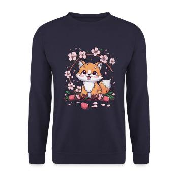 Kawaii Fuchs mit Kirschen und Sakura Kirschblüten - Unisex Pullover - Navy - Vorne - Alina (178cm) & Michal (187cm)