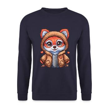 Fuchs im Cartoon Stil mit Bärchen Outfit - Unisex Pullover - Navy - Vorne - Alina (178cm) & Michal (187cm)