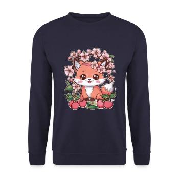 Renard kawaii avec des cerises et des fleurs de cerisier Sakura - Sweat-shirt Unisexe - marine - Devant - Alina (178cm) & Michal (187cm)