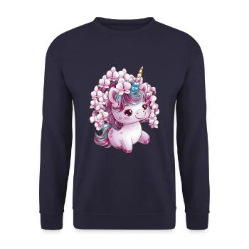 Süßes Einhorn mit Orchideen - Unisex Pullover - Navy - Vorne - Alina (178cm) & Michal (187cm)