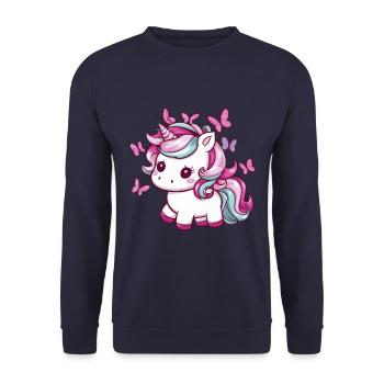 Licorne Kawaii avec des papillons - Sweat-shirt Unisexe - marine - Devant - Alina (178cm) & Michal (187cm)