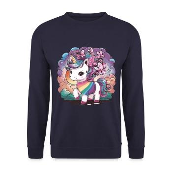 Kawaii Einhorn mit Schmetterlingen - Unisex Pullover - Navy - Vorne - Alina (178cm) & Michal (187cm)