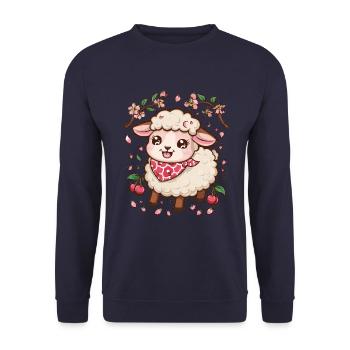 Kawaii Sheep with Cherries & Sakura Cherry Blossoms - Unisex Sweatshirt - navy - Front - Alina (178cm) & Michal (187cm)
