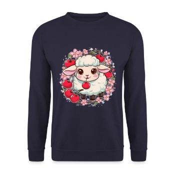 Kawaii Sheep with Cherries & Sakura Cherry Blossoms - Unisex Sweatshirt - navy - Front - Alina (178cm) & Michal (187cm)
