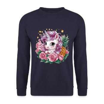 Süßes Cartoon Kawaii Einhorn mit Rosen & Ananas - Unisex Pullover - Navy - Vorne - Alina (178cm) & Michal (187cm)