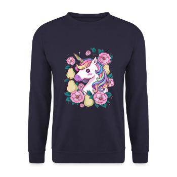 Licorne Kawaii avec Poires & Fleurs - Sweat-shirt Unisexe - marine - Devant - Alina (178cm) & Michal (187cm)