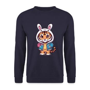 Kawaii Tiger mit niedlichem Häschen Outfit - Unisex Pullover - Navy - Vorne - Alina (178cm) & Michal (187cm)