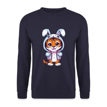 Kawaii Tiger mit niedlichem Häschen Outfit - Unisex Pullover - Navy - Vorne - Alina (178cm) & Michal (187cm)