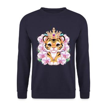 Kawaii Tiger mit Krone und prachtvollen Orchideen - Unisex Pullover - Navy - Vorne - Alina (178cm) & Michal (187cm)