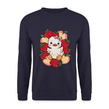 Dessin animé Kawaii Caneton aux pêches, fraises - Sweat-shirt Unisexe - marine - Devant - Alina (178cm) & Michal (187cm)