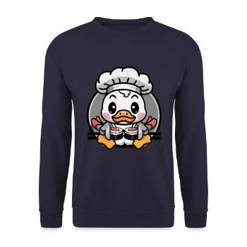 Entchen im Cartoon Stil mit Kochmütze und Sushi - Unisex Pullover - Navy - Vorne - Alina (178cm) & Michal (187cm)