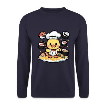Entchen im Cartoon Stil mit Kochmütze und Sushi - Unisex Pullover - Navy - Vorne - Alina (178cm) & Michal (187cm)