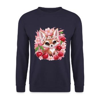 Renard kawaii avec des cerises et des fleurs de cerisier Sakura - Sweat-shirt Unisexe - marine - Devant - Alina (178cm) & Michal (187cm)