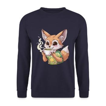 Cartoon Kawaii Fennec Desert Fox with Green Tea - Unisex Sweatshirt - navy - Front - Alina (178cm) & Michal (187cm)