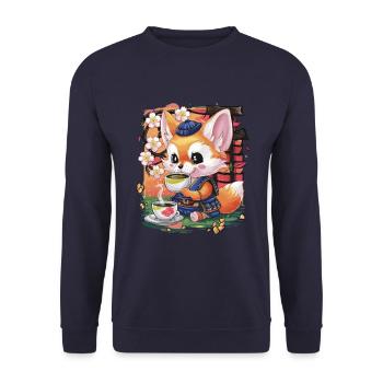 Cartoon Kawaii Fennec Desert Fox with Green Tea - Unisex Sweatshirt - navy - Front - Alina (178cm) & Michal (187cm)