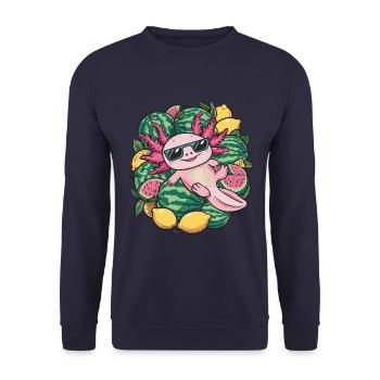 Kawaii Axolotl with Lemons and Watermelons - Unisex Sweatshirt - navy - Front - Alina (178cm) & Michal (187cm)