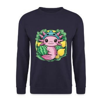 Kawaii Axolotl with Lemons and Watermelons - Unisex Sweatshirt - navy - Front - Alina (178cm) & Michal (187cm)