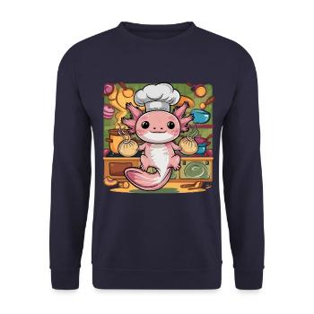 Axolotl mit japanischen Teigtaschen - Unisex Pullover - Navy - Vorne - Alina (178cm) & Michal (187cm)
