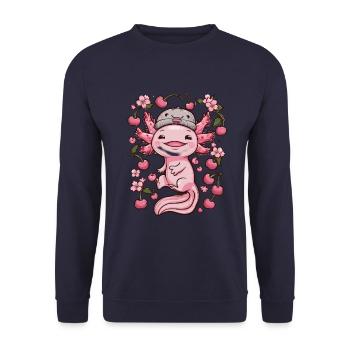 Axolotl aux cerises et fleurs de cerisier Sakura - Sweat-shirt Unisexe - marine - Devant - Alina (178cm) & Michal (187cm)